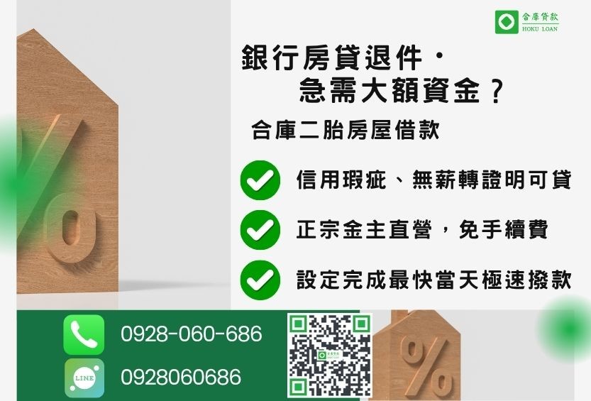 二胎房屋借款推薦-合庫貸款金主直營，針對銀行退件屋主提供極速二胎方案。