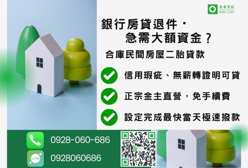 民間房屋二胎貸款推薦-合庫貸款金主直營,針對銀行退件屋主提供極速合法民間借款方案。