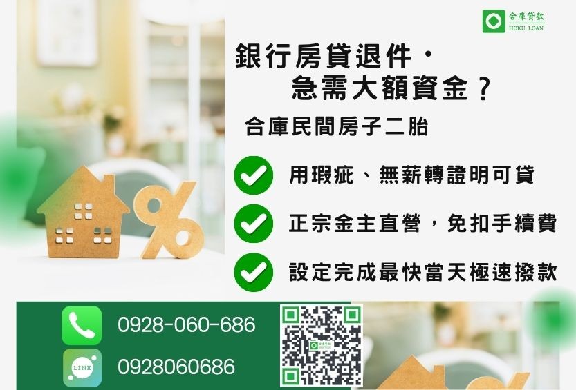 房子二胎推薦-合庫貸款金主直營,針對銀行退件屋主提供極速民間借款方案。