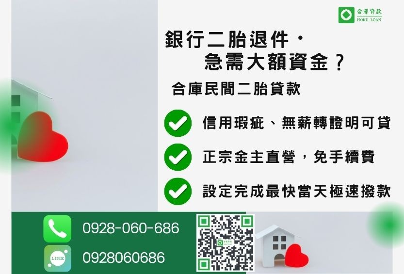 民間二胎推薦-合庫貸款金主直營，針對銀行退件屋主提供極速合法民間借款方案。