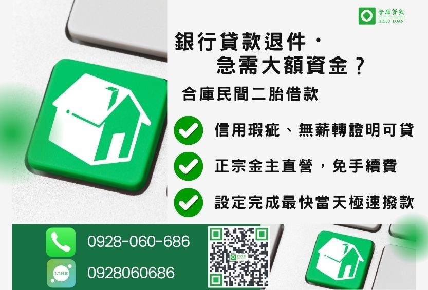民間二胎借款推薦-合庫貸款金主直營，針對銀行退件屋主提供極速合法民間借款方案。
