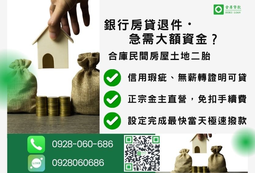 房屋土地二胎推薦-合庫貸款金主直營，針對銀行退件屋主提供極速合法民間借款方案。