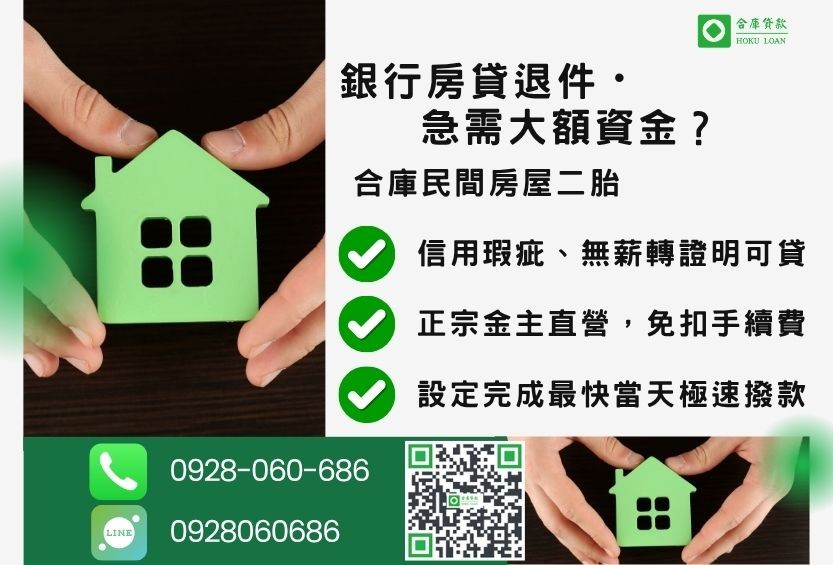 房屋二胎利率推薦-合庫貸款金主直營,針對銀行退件屋主提供極速低利方案。