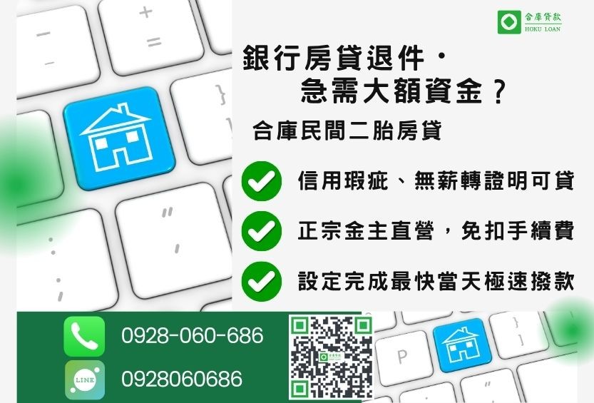 房貸二胎推薦-合庫貸款金主直營，針對銀行退件屋主提供極速合法民間借款方案。