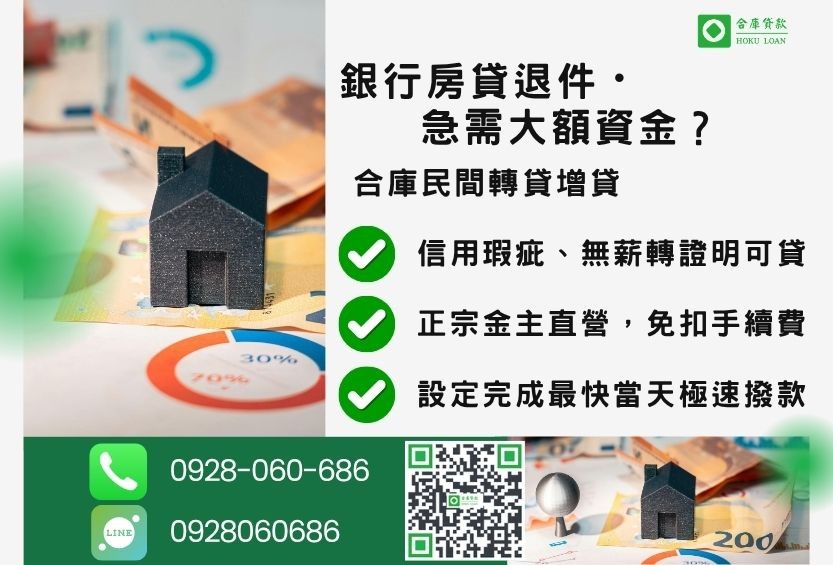 二胎轉貸推薦-合庫貸款金主直營,針對銀行退件屋主提供極速合法代償降息方案。
