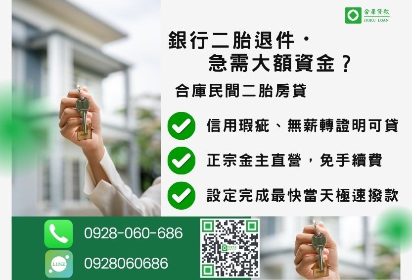 民間二胎房貸推薦-合庫貸款金主直營,針對銀行退件屋主提供極速合法民間二胎方案。