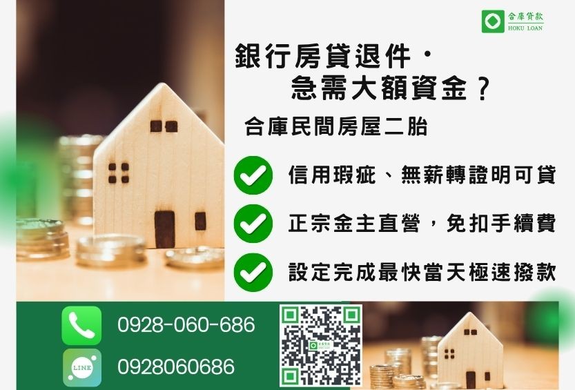 房屋二胎設定推薦-合庫貸款金主直營，針對銀行退件屋主提供極速合法民間借款方案。