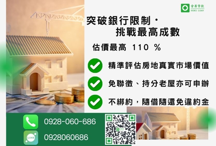 房屋二胎貸款成數最高-合庫貸款不看個人信用評分，房屋土地價值高估。