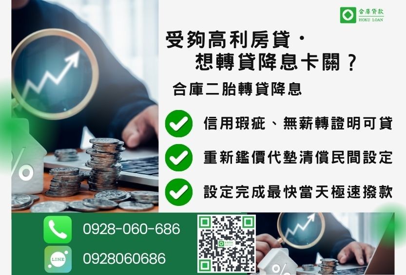 房屋二胎轉貸推薦-合庫貸款金主直營,針對高利貸款屋主提供極速降息二胎轉貸方案。