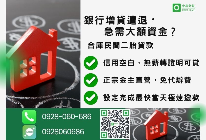 二胎貸款推薦-合庫貸款金主直營，針對銀行退件屋主提供極速二胎方案。