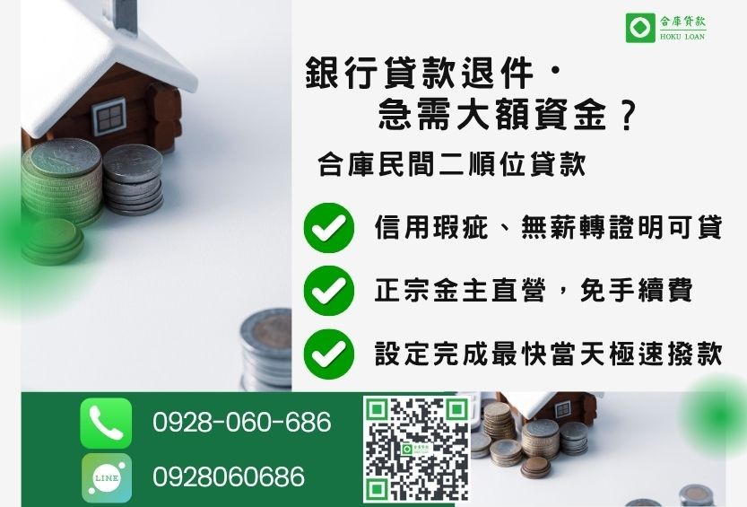 民間二順位貸款推薦-合庫貸款金主直營,針對銀行退件屋主提供極速合法民間借款方案。