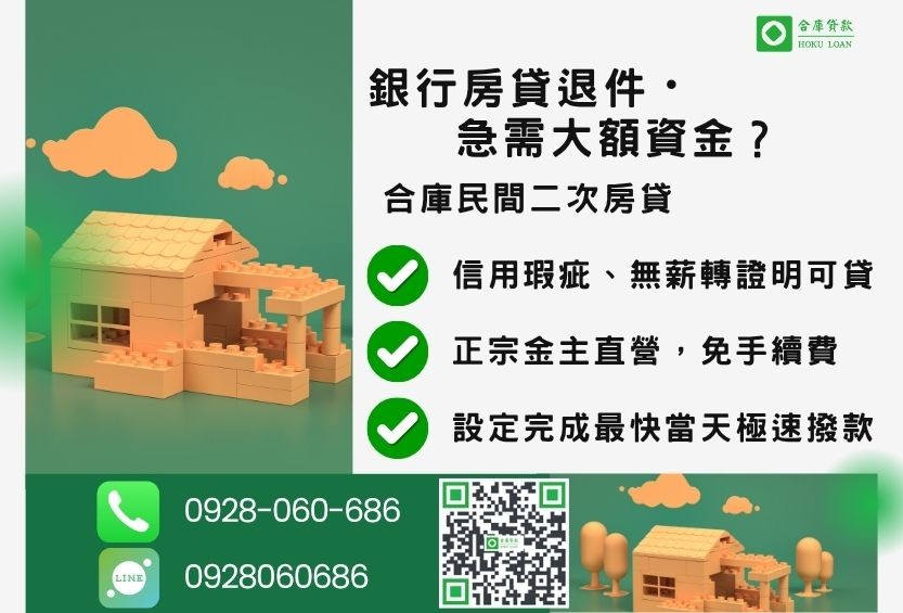 民間二次房貸推薦-合庫貸款金主直營，針對銀行退件屋主提供極速合法民間借款方案。