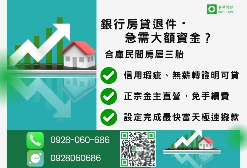 民間房屋三胎推薦-合庫貸款金主直營，針對銀行退件屋主提供極速合法民間借款方案。
