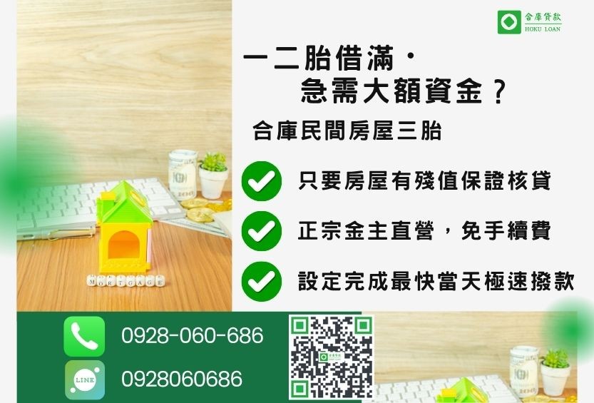 房屋三胎推薦-合庫貸款金主直營，針對銀行退件屋主提供極速三胎增貸方案。
