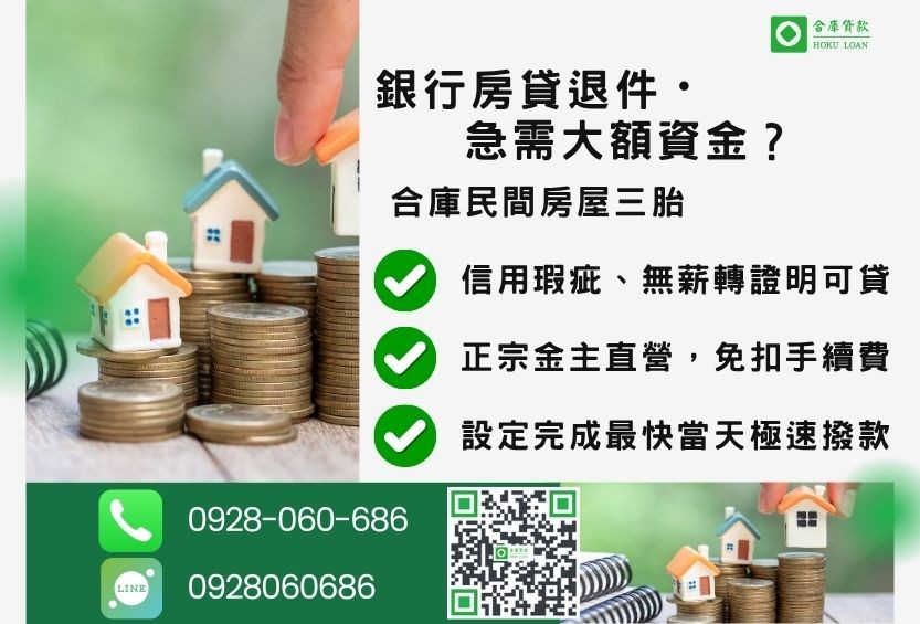 房屋三胎推薦-合庫貸款金主直營,針對銀行退件屋主提供極速合法民間借款方案。