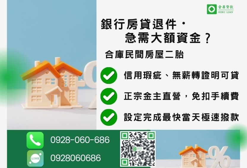 民間房屋二胎推薦-合庫貸款金主直營，針對銀行退件屋主提供極速二胎方案。