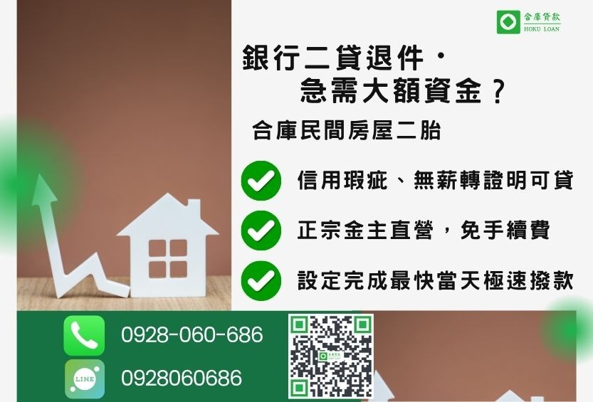 民間二胎推薦-合庫貸款金主直營，針對銀行退件屋主提供極速合法民間借款方案。