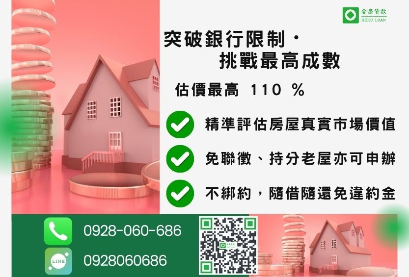 房屋二胎借款成數最高-合庫貸款不看個人信用評分，房屋土地價值高估。