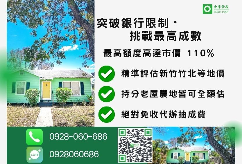 新竹土地貸款成數最高-合庫貸款不限地目，新竹土地價值高估最高可達110%。