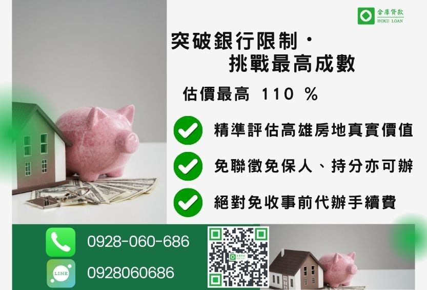 高雄房屋一二胎貸款成數最高-合庫貸款不看個人信用評分,高雄房屋土地價值高估。