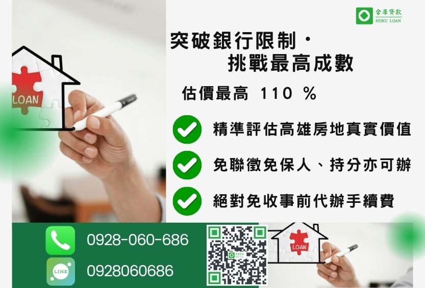 高雄房屋一二胎貸款成數最高-合庫貸款不看個人信用評分，高雄房屋土地價值高估。