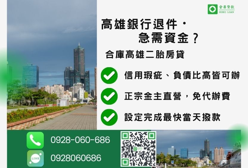 高雄房屋二胎融資推薦-合庫貸款金主直營,針對高雄銀行退件屋主提供極速二胎方案。