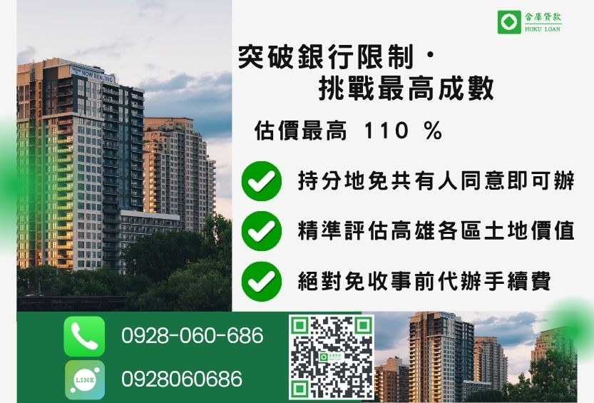 高雄土地一二胎貸款成數最高-合庫貸款不看個人信用評分,高雄房屋土地價值高估。