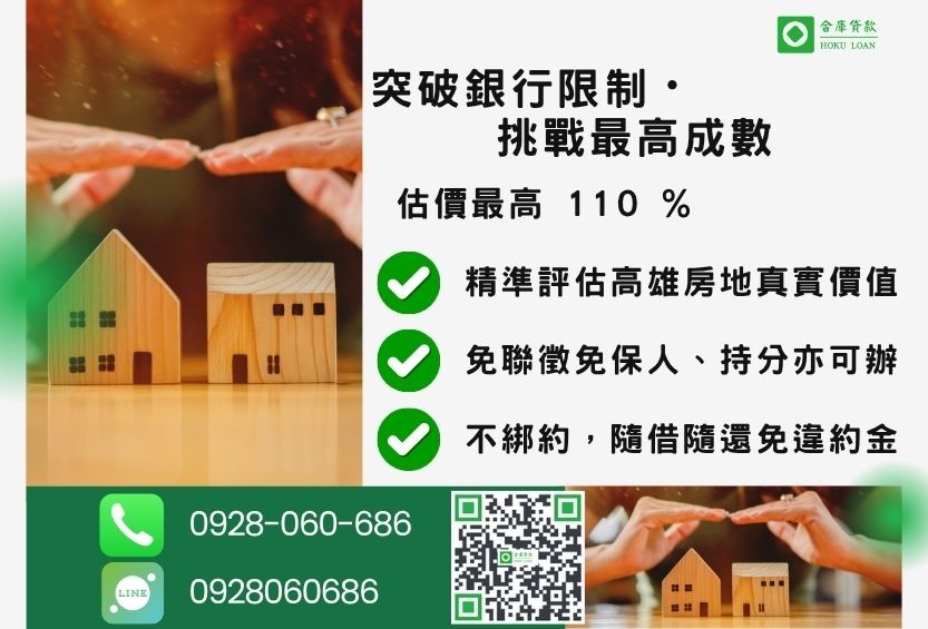 高雄房屋二胎貸款成數最高-合庫貸款不看個人信用評分,高雄房屋土地價值高估。