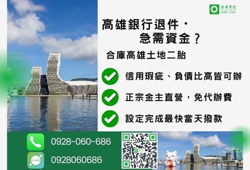 高雄土地融資推薦-合庫貸款金主直營,針對高雄銀行退件屋主提供極速二胎方案。