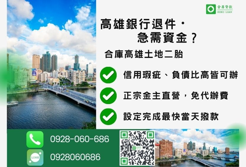高雄土地融資推薦-合庫貸款金主直營，針對高雄銀行退件屋主提供極速二胎方案。