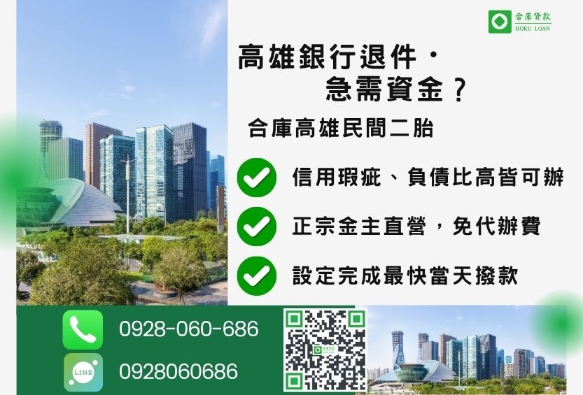 高雄民間借款推薦-合庫貸款金主直營,針對高雄銀行退件屋主提供極速二胎方案。