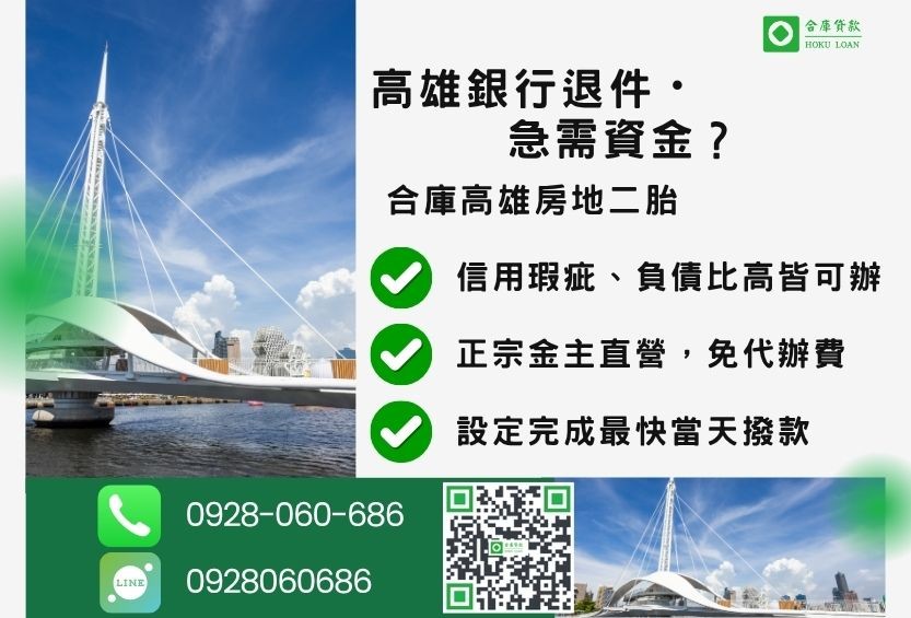 高雄房地二胎推薦-合庫貸款金主直營，針對高雄銀行退件屋主提供極速二胎方案。