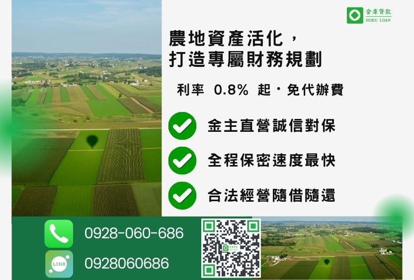 彰化農地借款推薦，合庫貸款提供 0.8% 起低利優惠，24小時專線 0928-060-686。