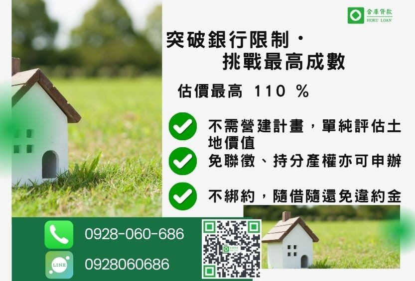 民間建築融資成數最高-合庫貸款不看個人信用評分,土地價值高估最高110%。