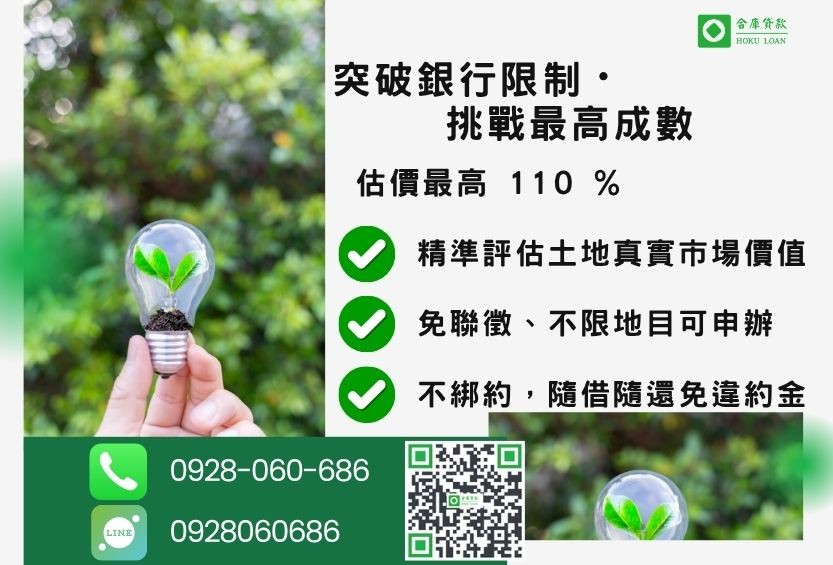 農地貸款成數最高-合庫貸款不看個人信用評分,土地價值高估最高110%。