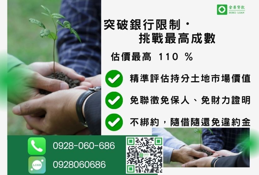 持分土地貸款成數最高-合庫貸款不看個人信用評分，土地價值高估最高110%。