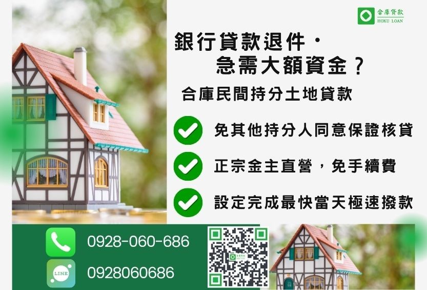 民間持分土地貸款推薦-合庫貸款金主直營，針對銀行退件地主提供極速合法民間借款方案。