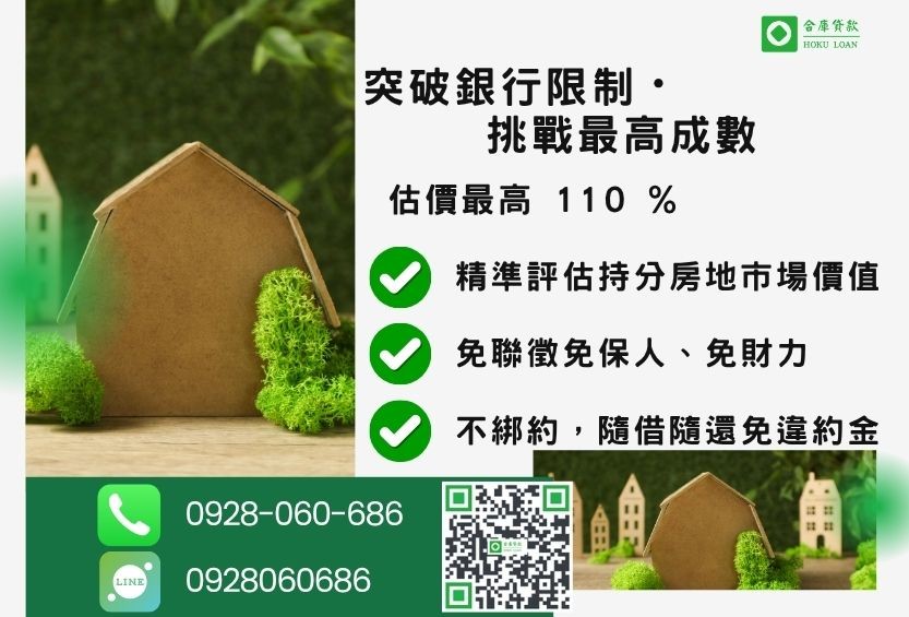 持分房貸成數最高-合庫貸款不看個人信用評分,房地價值高估最高110%。