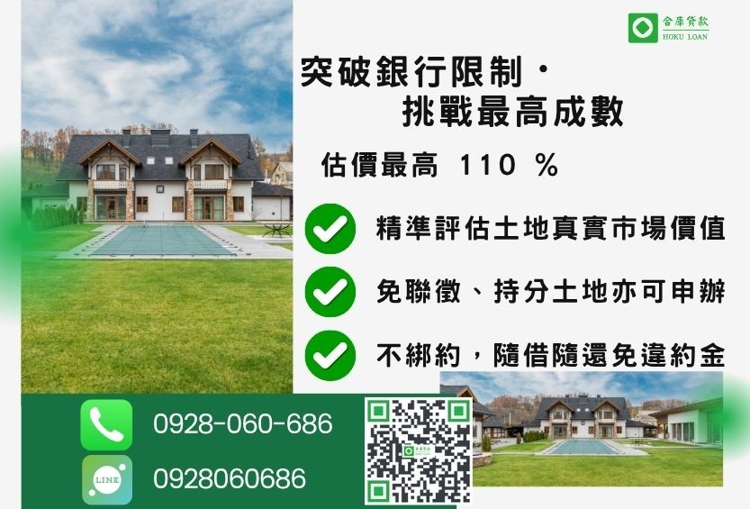 土地共同持有貸款成數最高-合庫貸款不看個人信用評分,土地價值高估最高110%。