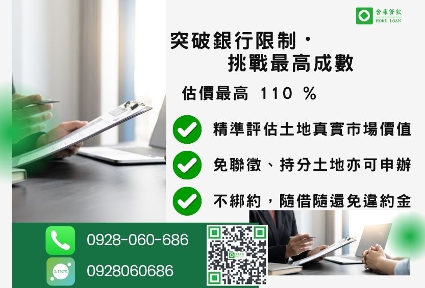 土地擔保貸款成數最高-合庫貸款不看個人信用評分,土地價值高估最高110%。