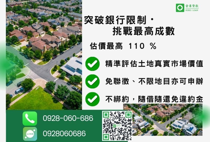 土地貸款成數最高-合庫貸款不限地目，土地價值高估最高110%。