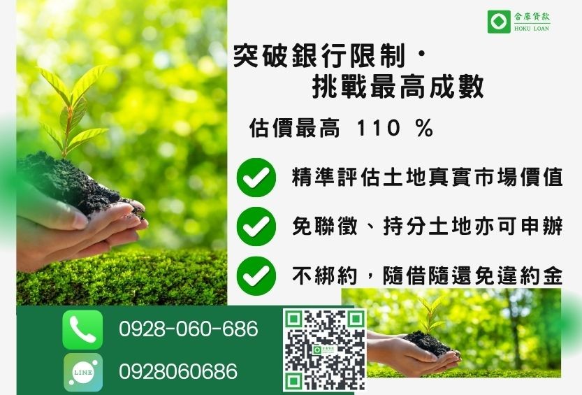 土地借錢成數最高-合庫貸款不看個人信用評分,土地價值高估最高110%。