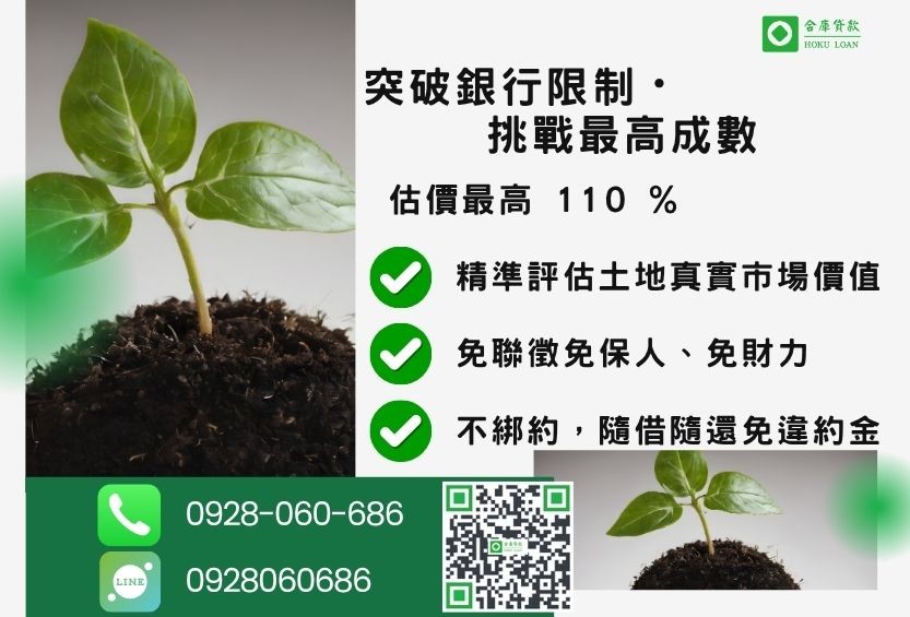 土地貸款成數最高-合庫貸款不看個人信用評分,土地價值高估最高110%。