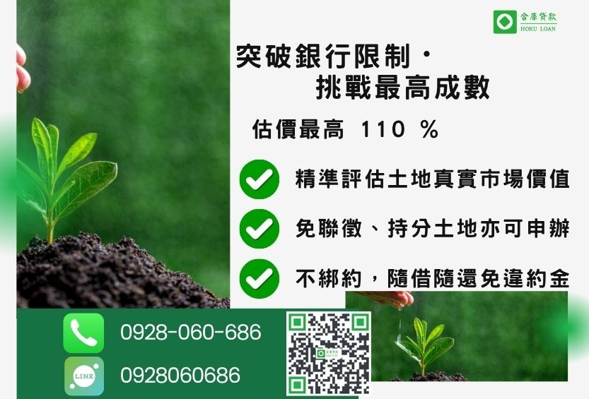 土地貸款成數最高-合庫貸款不看個人信用評分，土地價值高估最高110%。