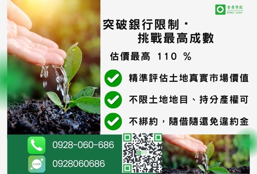土地二胎貸款成數最高-合庫貸款不看個人信用評分，土地價值高估最高110%。