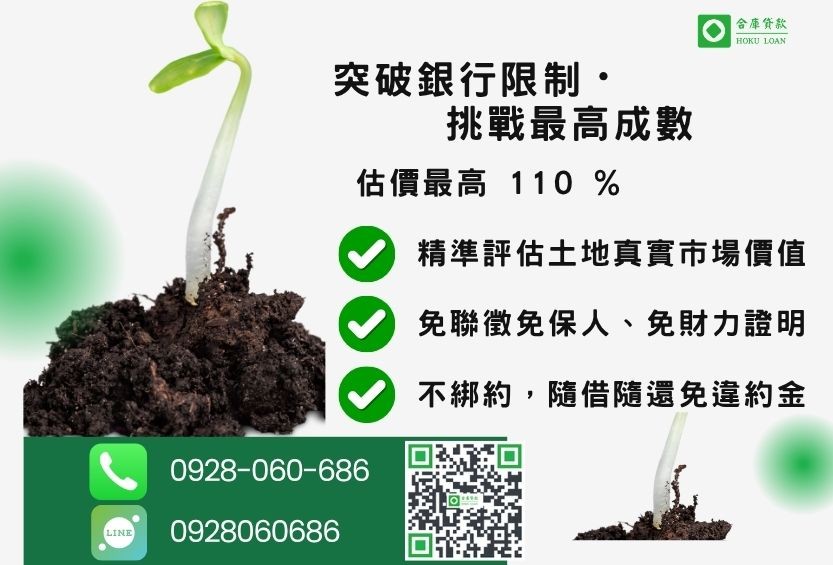 土地抵押貸款成數最高-合庫貸款不看個人信用評分，土地價值高估最高110%。