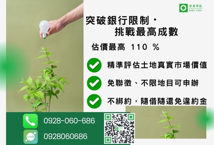 買農地貸款成數最高-合庫貸款不看個人信用評分,土地價值高估最高110%。