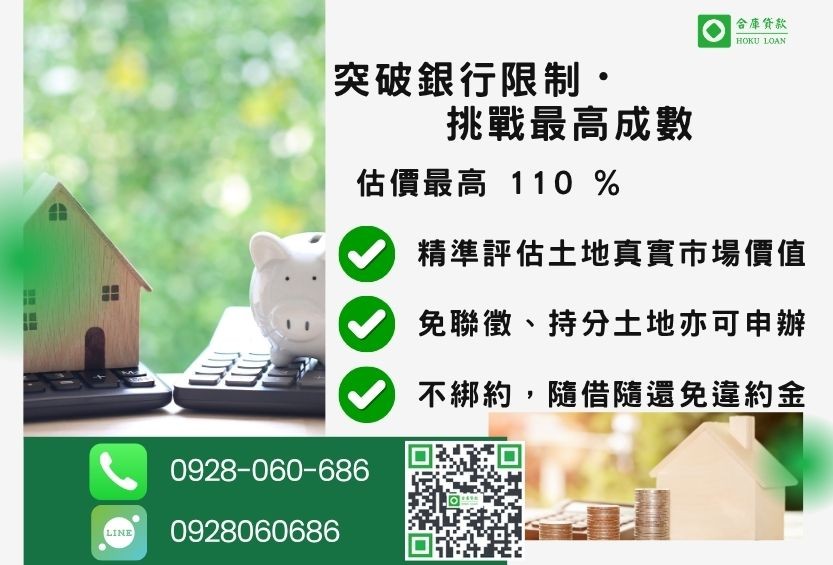 民間土地貸款成數最高-合庫貸款不看個人信用評分，土地價值高估最高110%。