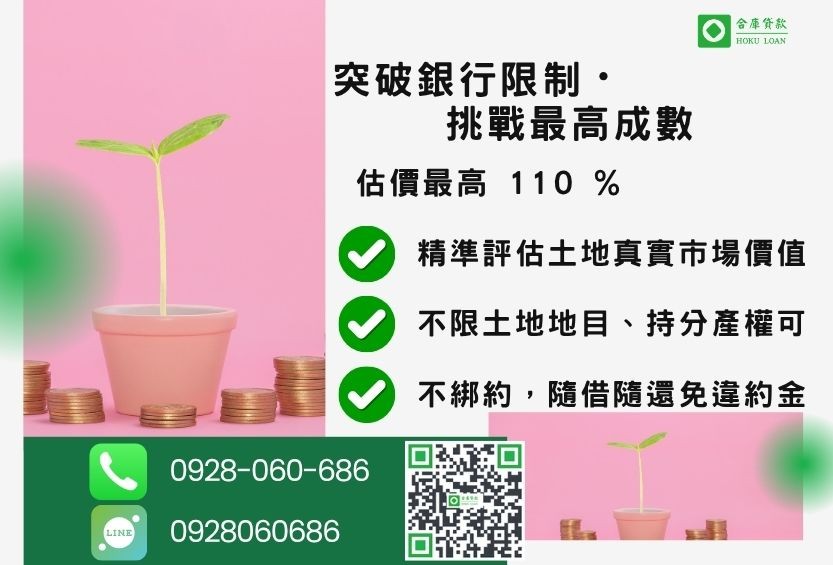 土地二胎借貸成數最高-合庫貸款不看個人信用評分，土地價值高估最高110%。