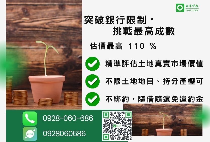 土地二胎貸款成數最高-合庫貸款不看個人信用評分，土地價值高估最高110%。